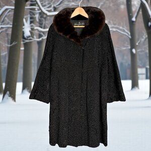Women’s Black Persian Lamb Coat w Brown Mink Collar Flemington Furs Medium